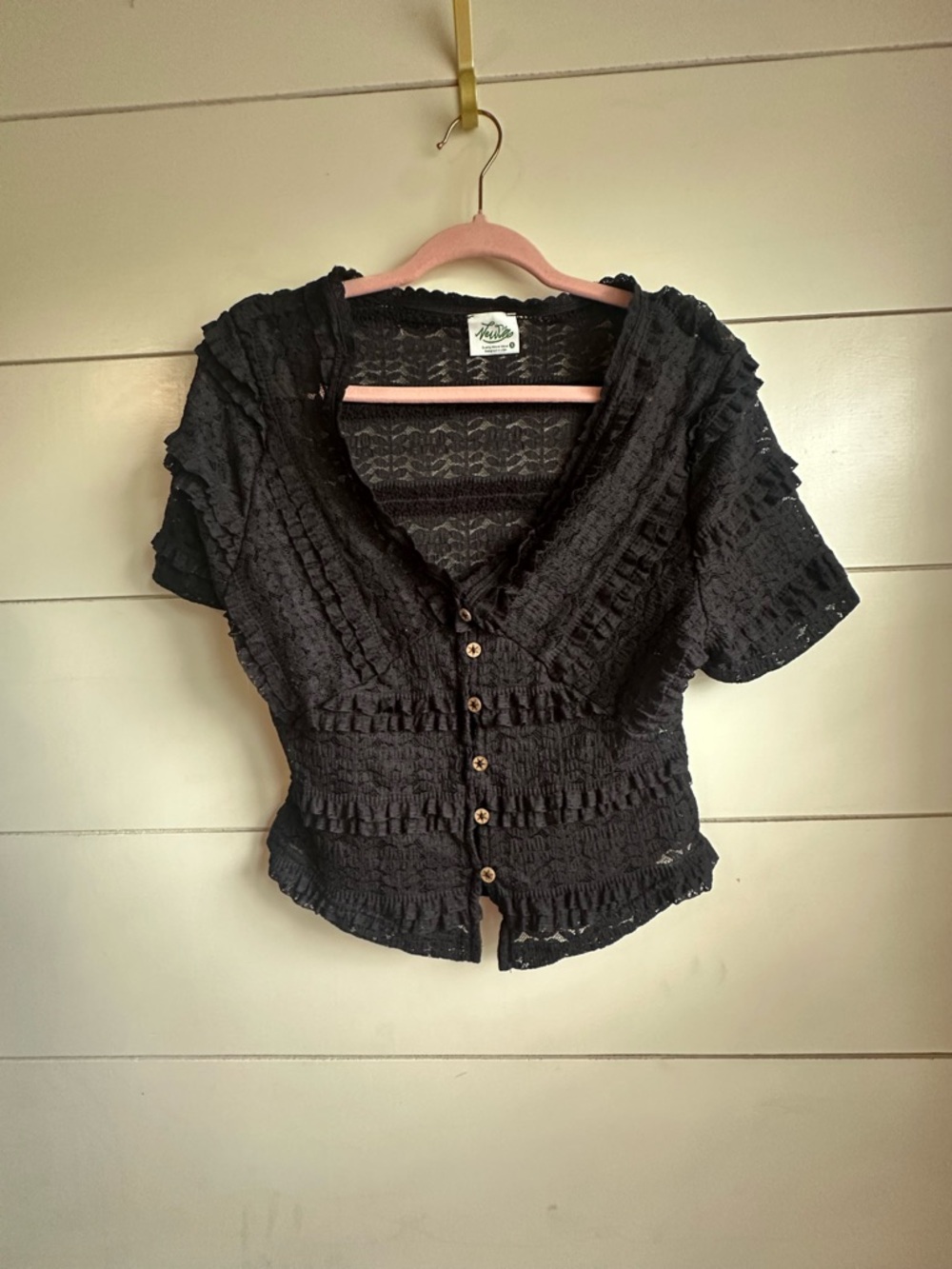 Ariella Black Lace Ruffle Button-Front Blouse